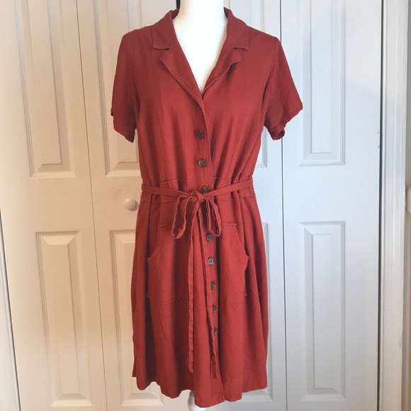 Modcloth Dresses & Skirts - Linen blend rust red shirt dress